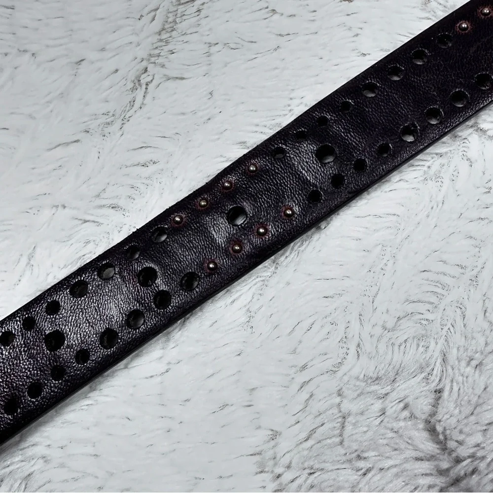 PERFORATED BROWN LEATHER 1 “ WIDE  TINY STUDS CASUAL DRESS WOMEN'S BELT, XL